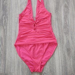 LAUREN Ralph Lauren Plunge Neckline with Strap Detail One Piece Swimsuit